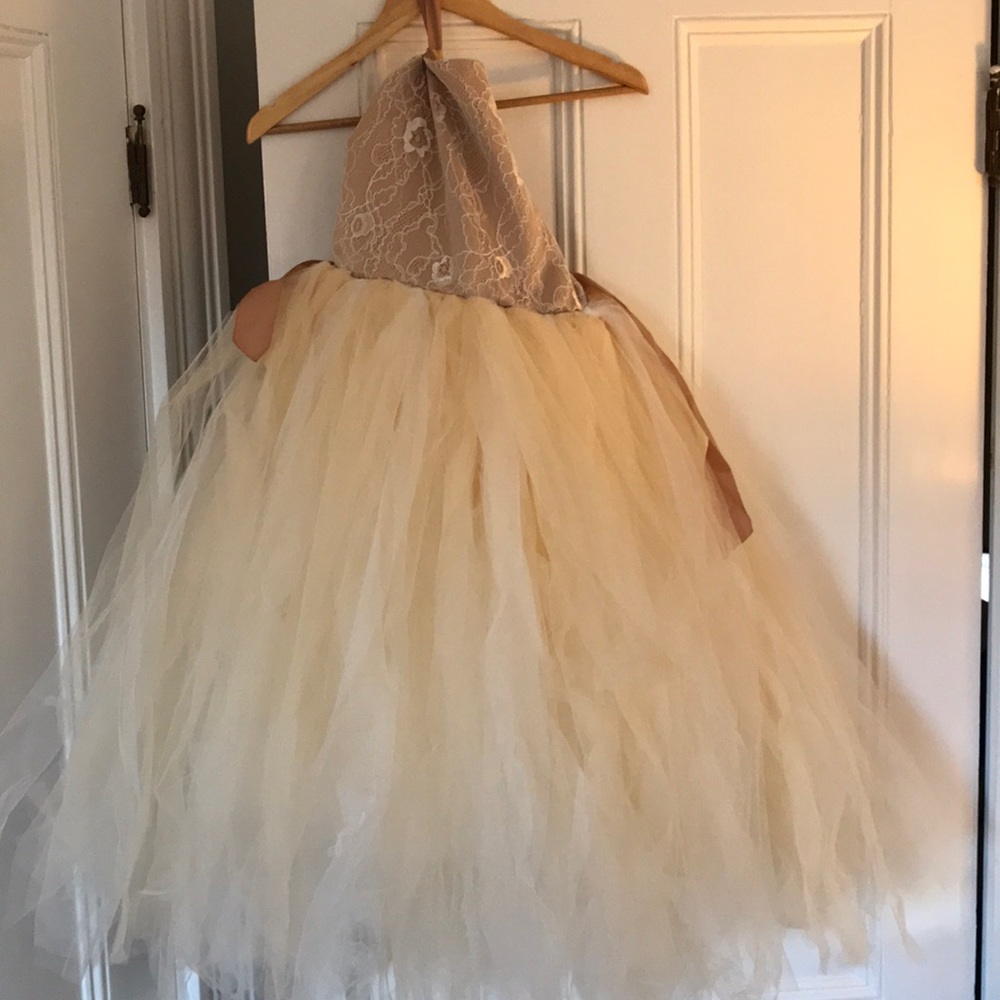 Rose gold and off white junior bridesmaid gown.